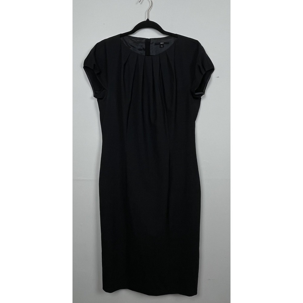 Hugo Boss Sheath Dress 10 Gray Pleated Virgin Wool Dark Academia Quiet Luxury